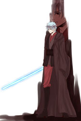  1boy bad_id bad_pixiv_id boots brown_eyes crossover energy_sword gintama highres jedi lightsaber male_focus matano_maya sakata_gintoki solo star_wars sword weapon white_hair 