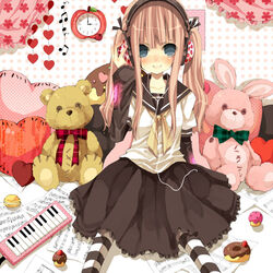  bad_id bad_pixiv_id blue_eyes blush bow clock cupcake doughnut female food hair_ribbon hairbow headphones heart instrument keyboard_(instrument) long_hair original pastry pillow pink_hair ribbon ringo_komachi school_uniform serafuku sitting smile solo striped_clothes striped_thighhighs stuffed_animal stuffed_rabbit stuffed_toy teddy_bear thighhighs toy twintails 