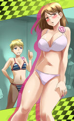  2girls bikini blonde_hair blue_eyes breasts brown_eyes brown_hair commentary_request copyright_request glasses iwaya large_breasts long_hair mole multiple_girls original persona photoshop_(medium) short_hair swimsuit thumbs_up 