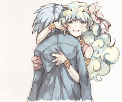  1boy aged_down armband armlet arms_at_sides bad_id bad_pixiv_id bare_shoulders blue_hair blush bracelet clothes_grab couple crying curly_hair facing_away female flower hair_flower hair_ornament hand_on_another&#039;s_back hug jewelry long_hair long_sleeves moha nia_teppelin sad simon_(ttgl) simple_background straight streaming_tears tears tengen_toppa_gurren_lagann upper_body white_hair 