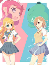  3girls bad_id bad_pixiv_id crossover dengeki_bunko electricity electrokinesis gekota hair_ornament hairclip hoshikuzu_witch_meruru koflif kousaka_kirino kousaka_kirino&#039;s_school_uniform meruru_(oreimo) midriff misaka_mikoto multiple_girls ore_no_imouto_ga_konna_ni_kawaii_wake_ga_nai photoshop_(medium) school_uniform serafuku skirt summer_uniform sweater_vest toaru_majutsu_no_index tokiwadai_school_uniform trait_connection tsundere uniform 