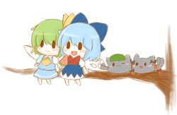  2girls ascot bad_id bad_pixiv_id black_eyes blue_hair blush bow branch chen chen_(cat) chibi cirno daiyousei feline food green_hair kaenbyou_rin kaenbyou_rin_(cat) lovewolf5122 multiple_girls popsicle skirt touhou watermelon_bar 