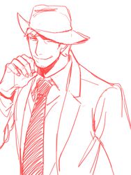  1boy alto_clef assa hat lab_coat male_focus monochrome necktie red_theme scp_foundation smile solo 