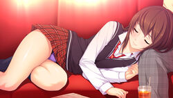  1boy blush brown_hair closed_eyes couch cup drink female game_cg hatsukoi_1/1 koizumi_amane long_sleeves lying on_lap on_side panties plaid plaid_skirt purple_panties resting school_uniform skirt smile straight tokizaki_maya underwear unmoving_pattern vest 