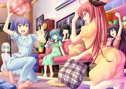  6+girls ahoge barefoot bear black_hair blue_eyes blue_hair clock commentary_request date_a_live grandfather_clock hair_over_one_eye hand_puppet itsuka_kotori long_hair multiple_girls open_mouth pajamas pillow_fight puppet purple_hair red_eyes red_hair takamiya_mana tobiichi_origami tokisaki_kurumi twintails villyane yatogami_tooka yoshino_(date_a_live) yoshinon 