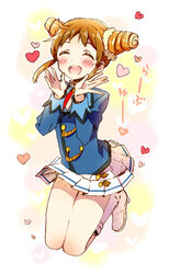  aikatsu! aikatsu!_(series) arisugawa_otome blush catchphrase closed_eyes commentary_request cone_hair_bun double_bun female hair_bun jumping open_mouth orange_hair ribbon school_uniform short_hair smile solo starlight_academy_school_uniform yuzucky 