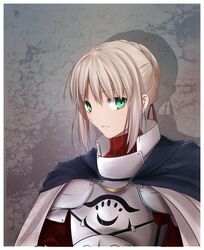  androgynous armor blonde_hair cape commentary english_commentary fate/apocrypha fate/stay_night fate/zero fate_(series) female green_eyes hair_ribbon long_hair looking_at_viewer mordred_(fate) mordred_(fate/stay_night) ribbon short_hair solo tusia 