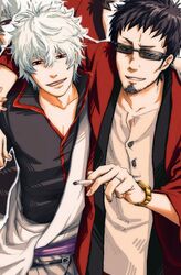  2boys bad_id bad_pixiv_id brown_hair cigarette ct7621 facial_hair gintama hasegawa_taizou japanese_clothes jewelry male_focus multiple_boys photoshop_(medium) ring sakata_gintoki stubble sunglasses tegaki wedding_ring white_hair 