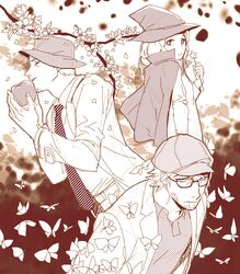  2boys alto_clef apple assa bad_id bad_pixiv_id bug butterfly cloak closed_eyes commentary_request facial_hair female flower food fruit glasses hat kondraki lab_coat lolicon monochrome multiple_boys necktie red_theme scp-239 scp-408 scp_foundation wand witch_hat 