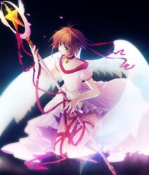  angel_wings brown_hair cardcaptor_sakura choker commentary_request dress female green_eyes highres hoshi_no_tsue kinomoto_sakura kinomoto_sakura_(princess_costume) magical_girl mashibaya red_choker ribbon short_hair star_(symbol) star_choker wand wings 