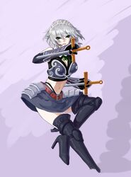  alternate_costume armor armored_dress bikini_armor boots braid commentary_request dual_wielding female grey_hair high_heels highres holding image_sample izayoi_sakuya maid_headdress md5_mismatch midriff navel pixiv_sample scrap_iron shoes short_hair solo sword thigh_boots thighhighs touhou twin_braids weapon 