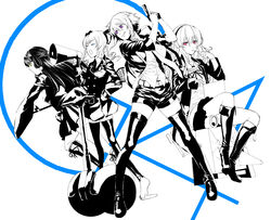  4girls akechi_kokoro alternate_legwear artist_request bike_shorts blue_eyes boots bow choker computer drill_hair frills full_body gun hair_ornament handgun hasegawa_hirano headphones high_contrast highres jacket jewelry laptop long_hair megaphone monochrome multiple_girls necklace necktie open_clothes open_jacket open_mouth pink_eyes police police_uniform purple_eyes ribbon robot segway short_hair shorts skirt spot_color staff tantei_opera_milky_holmes thigh_boots thighhighs tooyama_saku twintails uniform very_long_hair weapon white_background yellow_eyes zenigata_tsugiko 