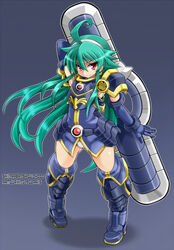  armor blue_background boots character_name commentary_request copyright_name female gauntlets gradient_background green_hair hairband huge_weapon karukan_(monjya) long_hair looking_at_viewer no_pants panties pigeon-toed polaris_(shinrabanshou) red_eyes shadow shinrabanshou smile solo sword thigh_boots thighhighs underwear weapon white_panties 