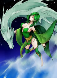  boots breasts cape cleavage commentary_request detached_sleeves dragon female final_fantasy final_fantasy_iv green_eyes green_hair green_legwear green_leotard highres large_breasts leotard mist_dragon night night_sky rydia_(ff4) sky star_(sky) starry_sky thighhighs yellow_footwear yukichi_(bancho99) 