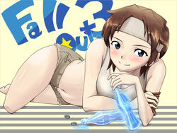  blue_eyes bottle breasts brown_hair cleavage commentary_request fallout_(series) fallout_3 female glowing headband lying medium_breasts nuka_cola nuka_cola_quantum on_side photoshop_(medium) shiba_hajime short_hair short_shorts shorts smile soda solo team_yukkuri unbuttoned wide_hips yukkuri_reimu_(team_yukkuri) 