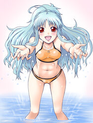  abs ahoge aliasse bikini commentary_request female long_hair midriff navel open_mouth outstretched_arms red_eyes senjou_no_valkyria_(series) senjou_no_valkyria_2 swimsuit tankini yaso_shigeru 