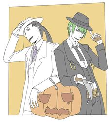  2boys ;d ahoge arm_support awii belt black_eyes black_hair blazblue buckle buttons chains collared_shirt commentary_request cowboy_shot crossover fedora fingerless_gloves flat_color formal fullmetal_alchemist gem gloves green_hair hair_between_eyes half_gloves hand_on_headwear hand_up hat hat_tip hazama head_tilt high_ponytail holding holding_weapon jack-o&#039;-lantern knife long_hair long_sleeves male_focus mouth_hold multiple_boys necktie one_eye_closed open_mouth orange_background outside_border philosopher&#039;s_stone ponytail pumpkin shirt simple_background smile solf_j._kimblee stab suit teardrop trait_connection waistcoat wavy_mouth weapon white_suit yellow_eyes 