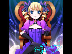  blonde_hair crossed_legs cup drill_hair drinking_glass female gloves kantaka koihime_musou photoshop_(medium) pillarboxed sitting solo sousou_(koihime_musou) thighhighs throne twintails wine_glass 