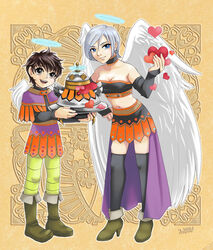  1boy 2co angel angel_wings blue_eyes breasts bridal_gauntlets choker cleavage commentary_request crop_top dragon_quest dragon_quest_ix earrings elbow_gloves female gloves halo heart hero_(dq9) jewelry large_breasts midriff raviel short_hair silver_hair skirt thighhighs wings 