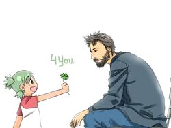  1boy 4chan :d beard clover crossover drawfag facial_hair female four-leaf_clover green_eyes green_hair keanu_reeves koiwai_yotsuba meme name_connection object_namesake open_mouth quad_tails real_life real_life_insert sad_keanu_(meme) simple_background sitting smile source_request white_background yotsubato! 