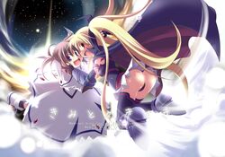  2girls :d ass blonde_hair blue_eyes boots brown_hair commentary_request dress fate_testarossa fate_testarossa_(lightning_form) fingerless_gloves gloves kazekawa_nagi long_hair lyrical_nanoha magical_girl mahou_shoujo_lyrical_nanoha multiple_girls open_mouth red_eyes short_twintails skirt smile star_(sky) takamachi_nanoha takamachi_nanoha_(sacred_mode) thighhighs twintails 