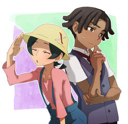  2boys @@@ bad_id bad_pixiv_id blush brown_eyes closed_eyes dark-skinned_male dark_skin dreadlocks green_hair gundam gundam_build_fighters hat male_focus multiple_boys necktie nils_nielsen sweat vest yasaka_mao 