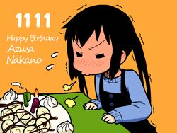  binary birthday_cake black_hair blowing blowing_candle blush cake candle chibi closed_eyes commentary_request female food happy_birthday hizaki_ryuuta k-on! long_hair nakano_azusa solo twintails 