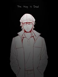  1boy assa black_background collared_shirt cowboy_shot english_text hat jacket kondraki long_sleeves looking_at_viewer male_focus open_clothes open_jacket scp_foundation shirt simple_background solo 