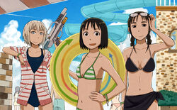  3girls arashiyama_hotori bikini black_eyes black_hair blonde_hair blue_eyes bracelet braid commentary_request glasses jewelry kameidou_shizuka kon_futaba long_hair multiple_girls naotan navel one-piece_swimsuit short_hair soredemo_machi_wa_mawatteiru striped_bikini striped_clothes swimsuit twin_braids water_gun water_slide 