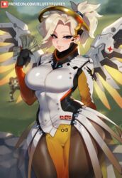  ai_generated armor blonde_hair blue_eyes bluffyfluffy blush holding_money mechanical_halo mechanical_wings mercy money overwatch overwatch_2 ponytail prostitution smile thick_thighs tracer wide_hips wings 