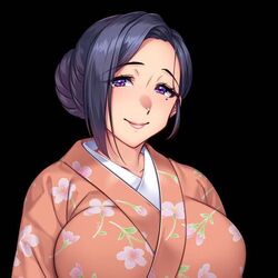  black_background blue_hair chignon female female_focus female_only game_cg huge_breasts kagachi-sama_o_nagusame_matsurimasu_netorare-mura_midarayoru_hanashi kimono looking_at_viewer minamoto mole mole_under_eye orcsoft smiling_at_viewer tomikura_ayaka violet_eyes 