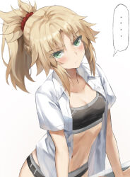  ... black_panties black_sports_bra blonde_hair blush breasts closed_mouth fate/apocrypha fate_(series) female from_above green_eyes highres medium_hair mordred_(fate) navel open_clothes open_shirt panties ponytail shirt simple_background small_breasts solo spoken_ellipsis sports_bra stomach tonee underwear white_background white_shirt 