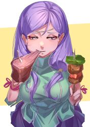  absurdres alternate_breast_size breasts dress eating facing_viewer female fire_emblem fire_emblem:_path_of_radiance food food_in_mouth highres holding holding_food ilyana_(fire_emblem) large_breasts long_hair looking_to_the_side meat parisnocurryha1 purple_eyes purple_hair shish_kebab simple_background solo 