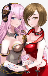  2girls asymmetrical_docking bare_shoulders black_skirt blue_eyes blue_nails breast_press breasts brown_eyes brown_hair cleavage collarbone colored_eyelashes commentary crop_top cropped_jacket detached_collar detached_sleeves fortissimo from_side hair_between_eyes headphones highres jacket long_hair looking_at_viewer medium_breasts megurine_luka megurine_luka_(vocaloid4) meiko_(vocaloid) meiko_(vocaloid3) midriff multiple_girls nail_polish navel parted_lips pink_hair pink_lips red_jacket red_nails red_skirt shiny_clothes shirt short_hair skirt sleeveless sleeveless_jacket sorano_namida strapless upper_body v4x very_long_hair vocaloid white_background wrist_cuffs zipper_skirt 