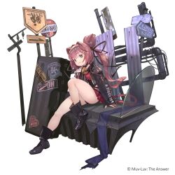  :3 black_boots black_jacket boots box bright_pupils cat_tail cone_hair_bun female hair_bun highres jacket leather leather_jacket long_hair looking_at_viewer muv-luv muv-luv:_dimensions muv-luv_alternative official_art red_skirt road_sign sign sitting skirt smile so-taro solo tail tamase_miki twintails very_long_hair white_background white_pupils 