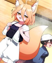  2girls absurdres after_bathing ahoge alternate_costume animal_ears black_camisole black_hair blonde_hair blue_kimono blush breasts camisole cleavage closed_eyes commentary_request dot_nose dutch_angle facing_to_the_side facing_viewer feathered_wings fox_ears fox_girl fox_tail hair_between_eyes half-closed_eyes headscarf highres holding holding_towel iizunamaru_megumu indoors japanese_clothes kimono kudamaki_tsukasa looking_at_viewer medium_breasts medium_hair multiple_girls naughty_face notice_lines open_mouth partial_commentary pointy_ears puffy_shorts shorts sideways_glance sparkle steam tail tongue touhou towel towel_around_neck white_shorts wings yellow_eyes you_(noanoamoemoe) 