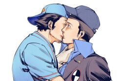  2boys backwards_hat baseball_cap baseball_uniform black_hair black_jacket blazer blue_hat blue_shirt closed_eyes collared_shirt dual_persona facial_hair gekkoukan_high_school_uniform gloves goatee hat highres iori_junpei jacket kissing multiple_boys oldkin persona persona_3 persona_4:_the_ultimate_in_mayonaka_arena school_uniform selfcest shirt short_hair simple_background sportswear white_background white_gloves yaoi 