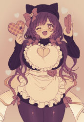  apron black_sweater blush bow breasts chocolate cleavage cleavage_cutout clothing_cutout cosplay ekra female food granblue_fantasy hair_ornament hairbow hairclip heart highres holding holding_chocolate holding_food large_breasts long_hair maid_apron monochrome narmaya_(granblue_fantasy) narmaya_(granblue_fantasy)_(cosplay) narmaya_(valentine)_(granblue_fantasy) one_eye_closed pantyhose raziel_(granblue_fantasy) smile solo sweater turtleneck turtleneck_sweater 