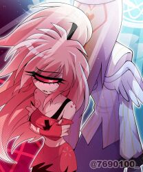  1boy absurdres angel_wings arms_at_sides back-to-back backlighting bare_shoulders black_nails black_pants blue_background body_freckles bra_strap breasts cherri_bomb cleavage collarbone colored_sclera colored_skin commentary cowboy_shot crossed_arms cyclops female fingerless_gloves freckles from_above frown furrowed_brow gloves half-closed_eye halftone halftone_background hazbin_hotel hellaverse high_ponytail highres jacket light_particles long_hair looking_at_viewer medium_breasts menattou midriff miniskirt multicolored_jacket nail_polish off-shoulder_shirt off_shoulder one-eyed open_mouth outline pants pink_eyes pink_hair ponytail purple_background red_gloves red_sclera red_shirt red_skirt shirt short_sleeves shoulder_freckles simple_background sir_pentious sir_pentious_(angel) skirt standing striped_clothes striped_jacket symbol-only_commentary torn_clothes torn_skirt twitter_username two-tone_jacket vertical-striped_clothes vertical-striped_jacket very_long_hair white_jacket white_outline white_skin white_wings wings yellow_jacket 