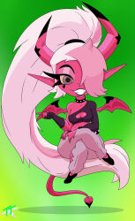  absurd_res armwear belt big_hair black_clothing black_footwear black_horn black_shoes bottomwear breasts clothed clothing collar crossed_legs dipstick_horn eyelashes female footwear front_view fusion green_background grey_bottomwear grey_clothing grey_eyes grey_pants hair hair_over_eye hellaverse helluva_boss hi_res horn horned_humanoid humanoid humanoid_pointy_ears imp long_hair looking_at_viewer membrane_(anatomy) membranous_wings midna multicolored_horn nintendo pants pink_body pink_hair pink_horn pink_skin pointy_ears ponytail purple_armwear purple_clothing purple_topwear simple_background small_breasts smile solo spade_tail spiked_belt spiked_collar spikes tail tailed_humanoid the_legend_of_zelda thick_thighs topwear toughtips twilight_princess verosika_mayday wide_hips winged_humanoid wings yellow_sclera 