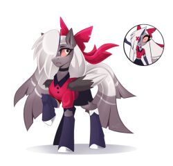  absurd_res accessory angel black_bottomwear black_clothing black_eyes black_skirt bottomwear bow_ribbon buvanybu choker clothing equid equine fallen_angel female feral footwear grey_hair hair hair_accessory hair_ribbon hairbow hasbro hazbin_hotel hellaverse hi_res hooves humanoid jewelry long_hair mammal multicolored_hair my_little_pony mythological_creature mythological_equine mythology necklace pegasus ponification red_clothing red_sclera red_shirt red_topwear ribbons shirt skirt socks solo topwear two_tone_hair vaggie_(hazbin_hotel) white_hair wings 