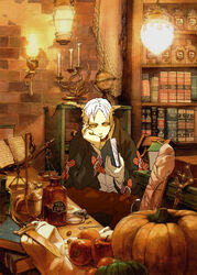  1boy apple book bottle candelabra candlestand food fruit hand_on_own_cheek hand_on_own_face male_focus miyuu original pumpkin solo 