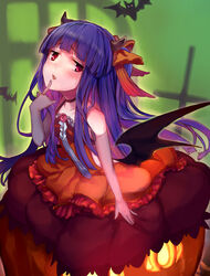  bat_(animal) bat_wings blue_hair blush commentary_request demon_horns dress elbow_gloves female gloves horns idolmaster idolmaster_cinderella_girls long_hair looking_at_viewer nemeko red_eyes sajo_yukimi silhouette smile solo wings 