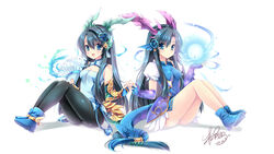  2girls black_hair blue_eyes boots byruu chinese_clothes fan karin_(p&amp;d) long_hair magic pantyhose puzzle_&amp;_dragons 