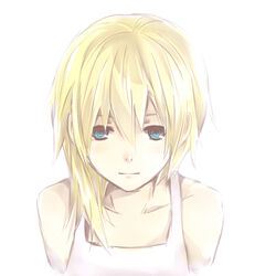  bare_shoulders blonde_hair blue_eyes closed_mouth collarbone commentary_request female hair_between_eyes hair_over_shoulder kingdom_hearts kingdom_hearts_ii looking_at_viewer mirei_kh13 namine simple_background solo upper_body white_background 