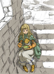  armor artist_request bowl brown_eyes brown_hair cape female final_fantasy final_fantasy_tactics food gloves greaves long_hair milleuda_folles open_mouth photoshop_(medium) ruins sitting sitting_on_stairs smile solo soup spoon stairs 