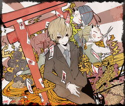  2boys 2girls ame_(96berd) bad_id bad_pixiv_id black_hair blonde_hair border coin colorful dissolving flat_color flower formal fox_mask high_contrast kariya-senpai kiben_gakuha_yotsuya-senpai_no_kaidan komachi-sensei kudou_tadanobu mask multiple_boys multiple_girls necktie rising_sun_flag school_uniform scissors serafuku shiroki_hana short_hair smile suit sunburst sunburst_background sweater_vest torii twintails vest yellow_eyes 