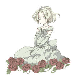  blonde_hair blush commentary_request crown dress elbow_gloves female flower forehead gloves gown green_eyes kneeling miya_kazutomo princess red_flower red_rose rose solo toaru_majutsu_no_index villian_(toaru_majutsu_no_index) 