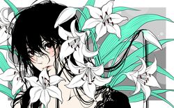  black_hair commentary_request female flat_color flower kayu lily_(flower) messy_hair mouth_hold original red_eyes solo 