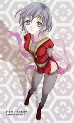  asagiri_kusa black_hair copyright_name dated female foreshortening from_above gensou_suikoden gensou_suikoden_i grey_eyes headband honeycomb_(pattern) honeycomb_background kasumi_(suikoden) lowres ribbon short_hair solo thighhighs 